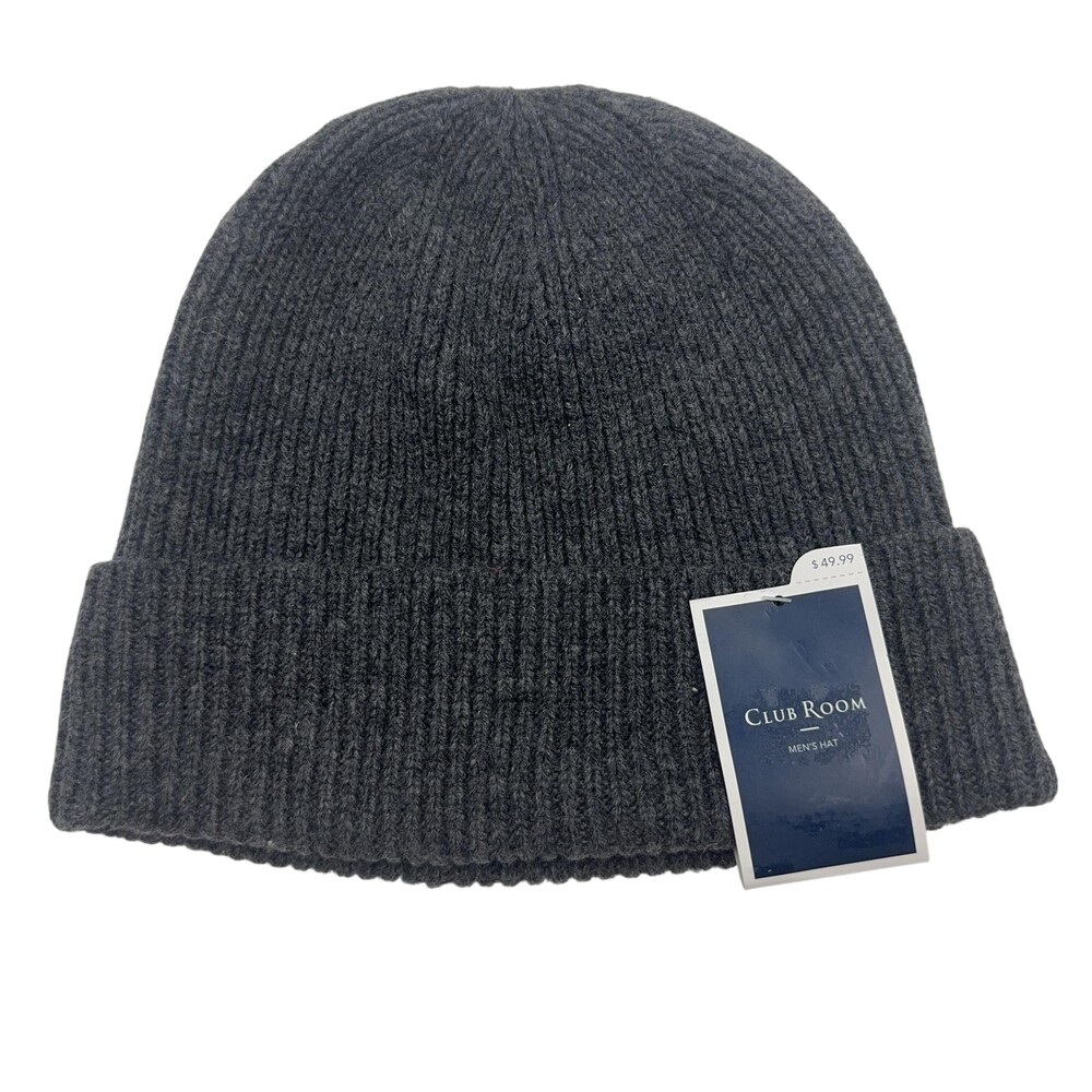 Club Room Beanie Mens Charcoal Gray Wool Ribbed Knit Hat One Size Winter